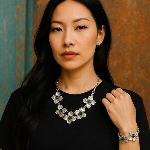 Vintage 1950s Silver Tone Floral Necklace & Bracelet Set with Green Glass Rhines